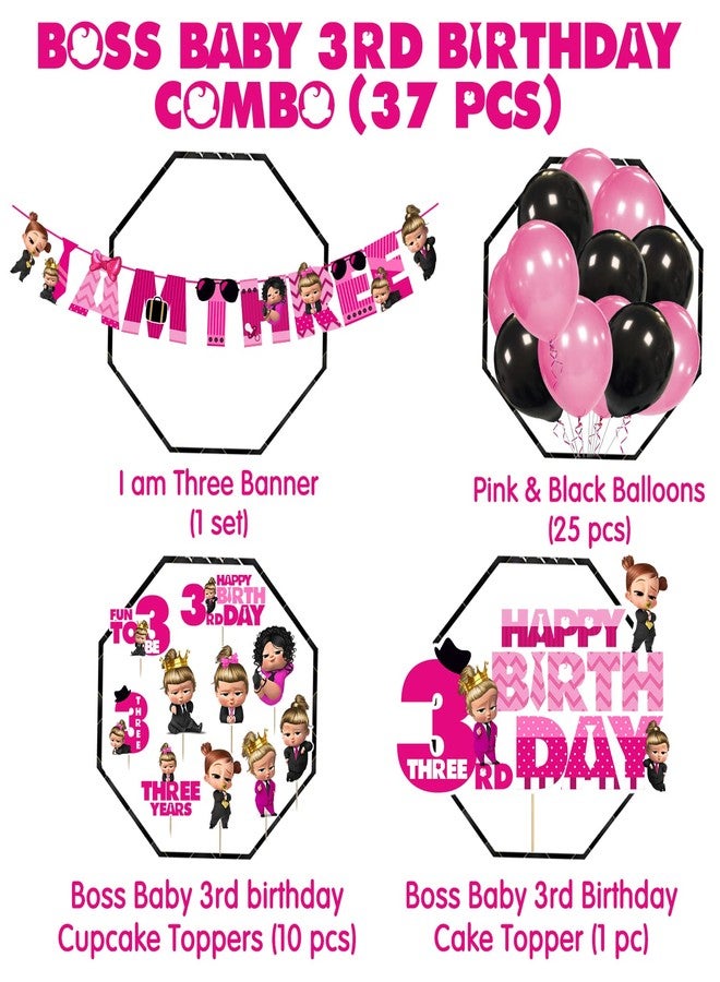 Zyozique Girl Baby Boss 3rd Party Supplies, Boss Baby Birthday for Girls with Happy Birthday Paper Banner Cake Topper Cupcake Toppers Balloons(Pack of 37) - Image 2